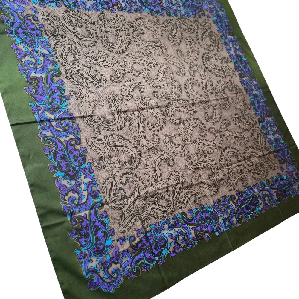 Elwin Italy Square Scarf Olive Green Paisley Scroll Print Large 34.5